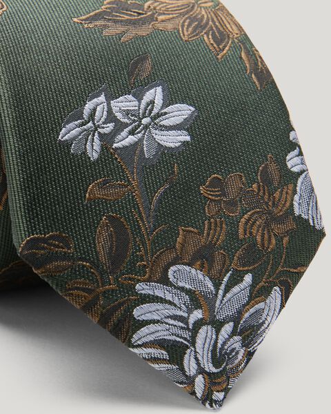 Large Spaced Floral Silk Tie, Khaki/White, hi-res